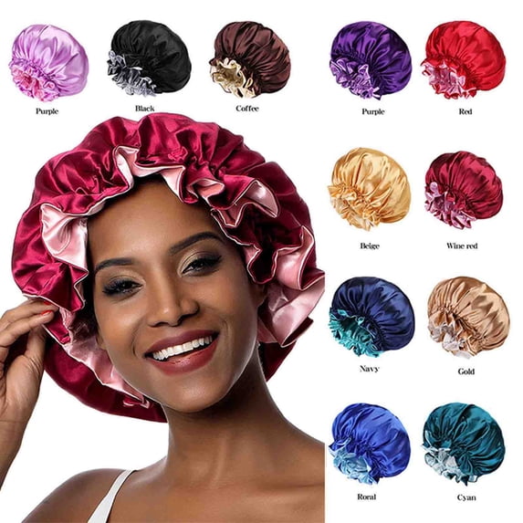 Achuyrbd Women's Double Layer Satin Bonnet Cap, Wide Elastic Band Silk Sleep Hair Bonnet for Night Shower