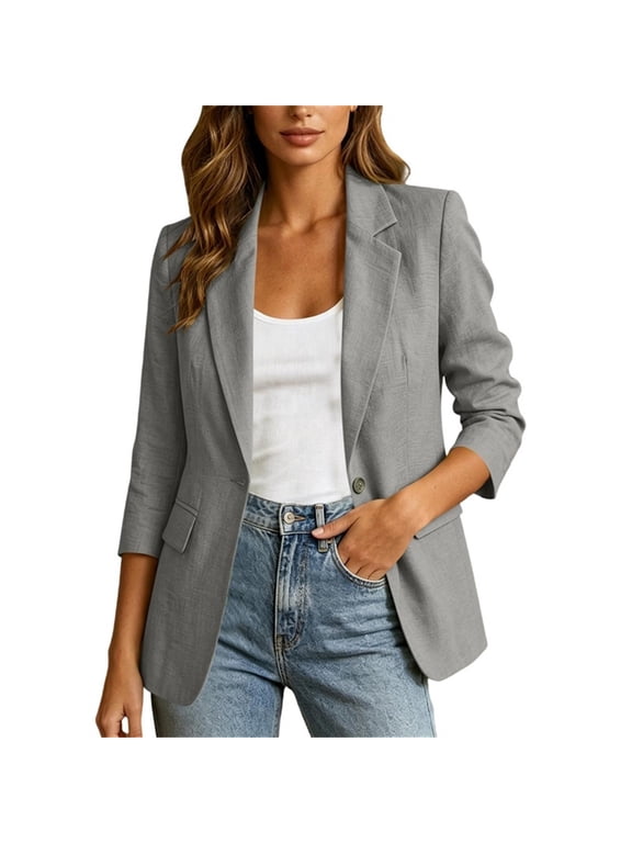 Women's Dressy 3/4 Sleeve Blazer, Notch Lapel One Button Open Front Blazers, Casual Work Lightweight Suit Jacket, S-2XL ,Gray