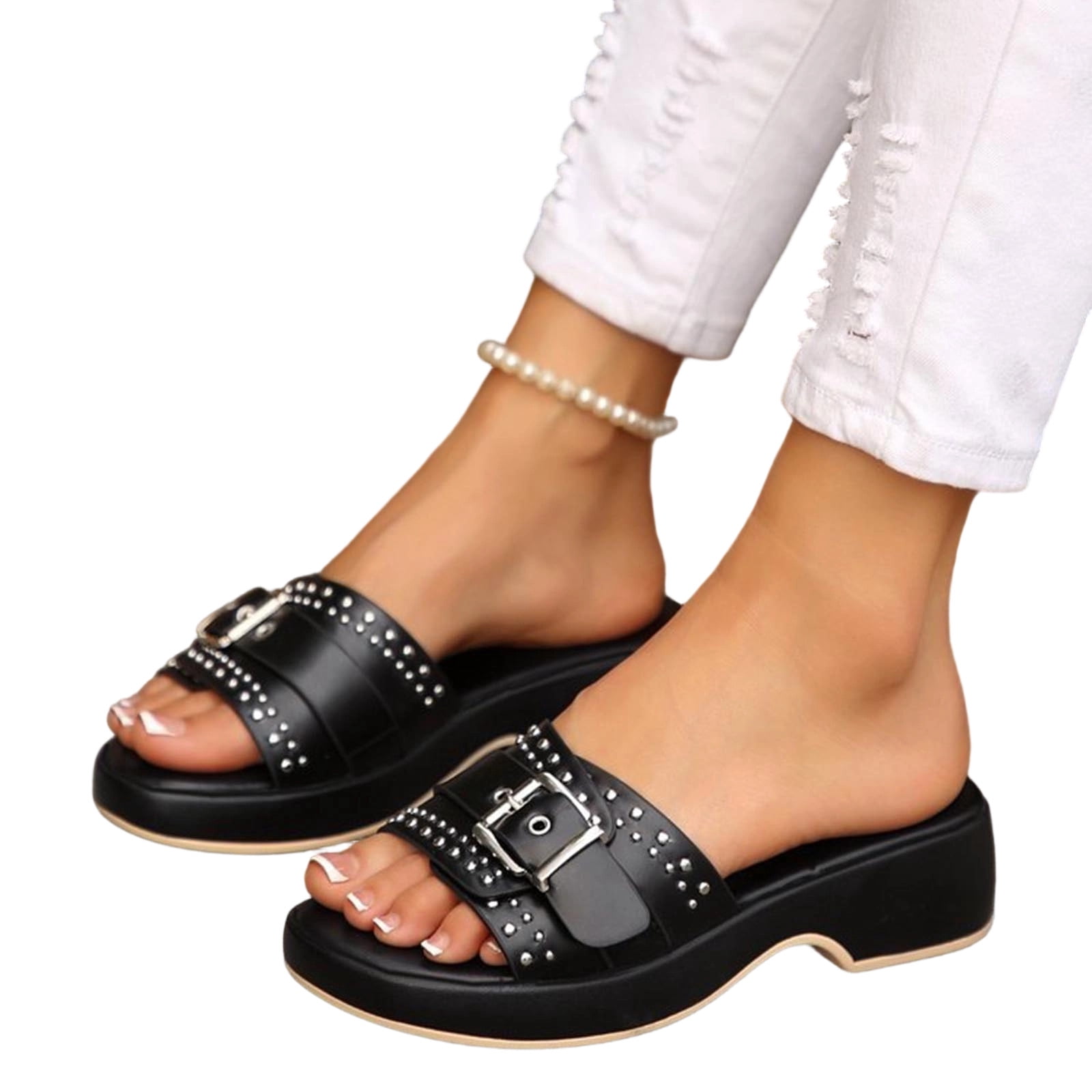 Achuyrbd Women's Edgy Platform Slide Sandals Studded Buckle Solid Color ...