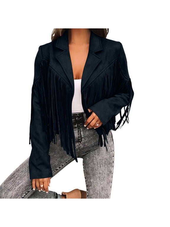 Women's Faux Suede Leather Tassel Jackets Cropped Motorcycle Fringe Coats Trendy Fall Western Jacket 80s Outfit, X-XL ,Black
