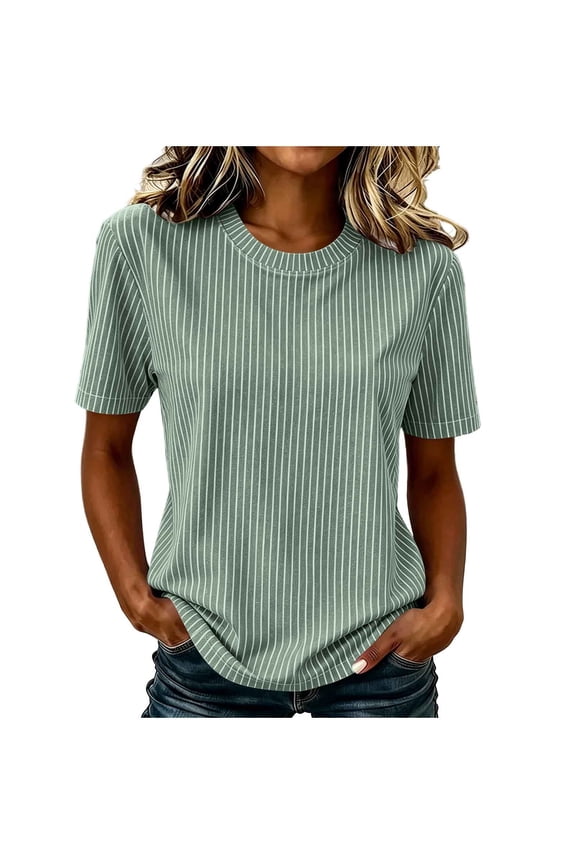 Women's Fine Stripe Short Sleeve Shirt, Back Split Keyhole Single Pearl Button Relaxed Fit Casual Tee, S-2XL, Green
