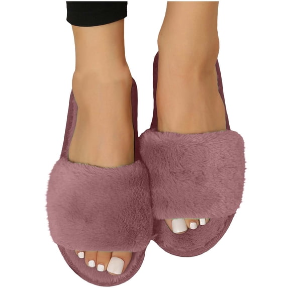 Achuyrbd Women's Furry Open Toe Slippers Solid Color Fall Winter Fashion Casual Indoor Home Slides