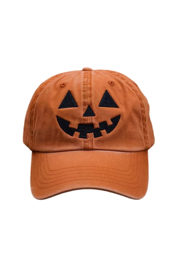 Women's Halloween Jack-o'-Lantern Washed Baseball Cap, Fall Pumpkin Face Embroidery Casual Dad Hat