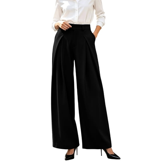 Achuyrbd Women's High Waisted Wide Leg Pants Button Front with Pockets Solid Color Business Casual Office Trousers Professional Work Wear, S-2XL