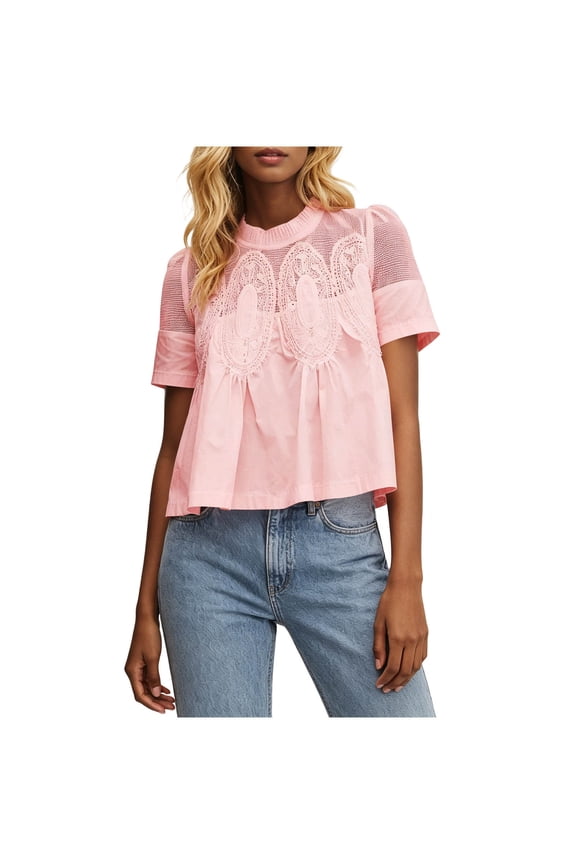 Women's Lace Mesh Panel Blouse, High Neck Short Sleeve Crochet Embroidered Peplum Top, S-2XL