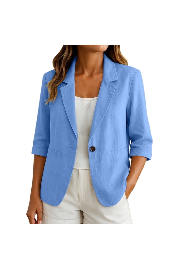 Women's Linen Blend Casual Blazer, Regular Fit Lightweight 3/4 Sleeve Single Button Work Suit Jackets, for Spring Summer, S-2XL ,Blue