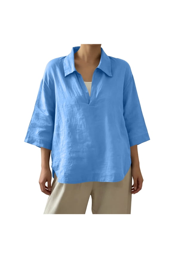 Women's Notch Collar 3/4 Sleeve Blouse, Half Open V Neck Curved Side Slit Hem Loose Linen Blend Casual Top, S-2XL