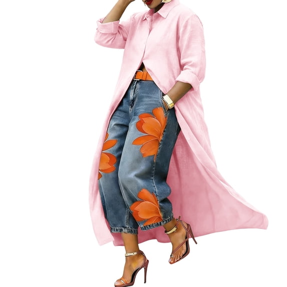 Achuyrbd Women's Oversized Longline Shirt Dress, Long Sleeve Open Front Linen Blend Shirt, Button-Down Maxi Tunic for Layering, L-3X ,Pink