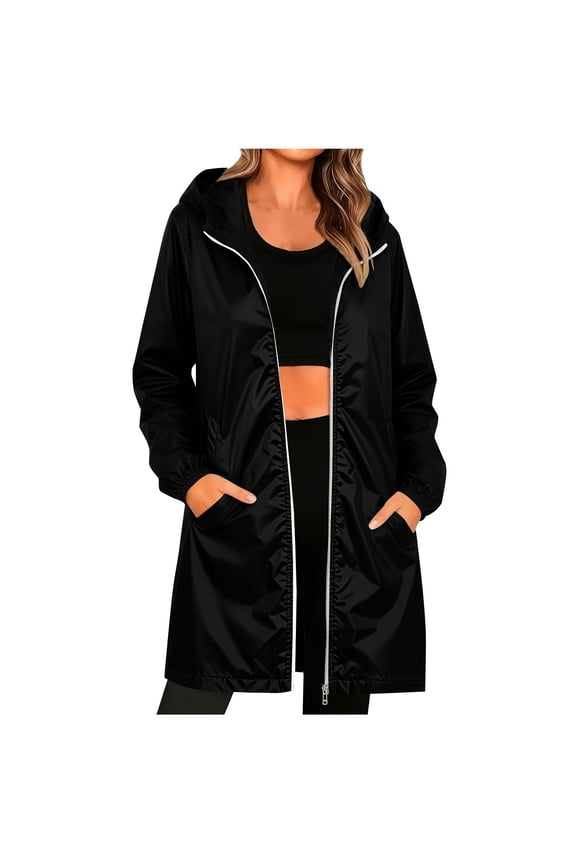 Women's Packable Long Rain Jacket, Lightweight Waterproof Nylon Windbreaker Hooded Raincoat for Travel Outdoor, S-2XL