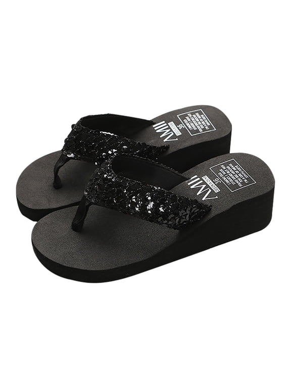 Women's Sparkly Sequin Thong Wedge Flip Flops Platform Summer Beach Casual Slide Sandals