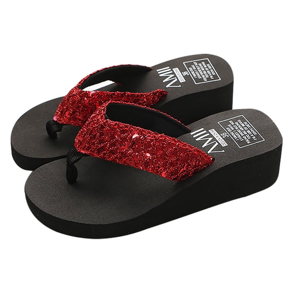 Achuyrbd Women's Sparkly Sequin Thong Wedge Flip Flops Platform Summer Beach Casual Slide Sandals