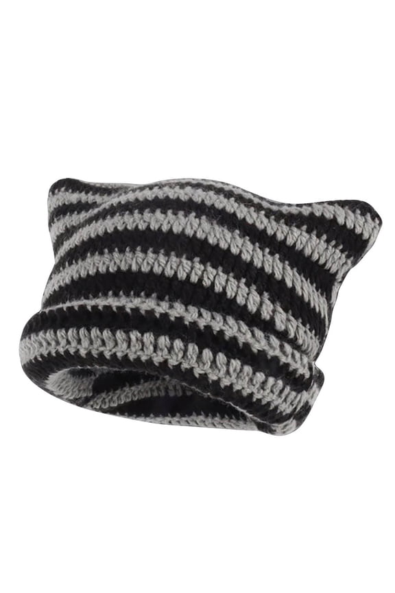 Women's Striped Cat Ear Knit Beanie, Cute Winter Warm Slouchy Hat