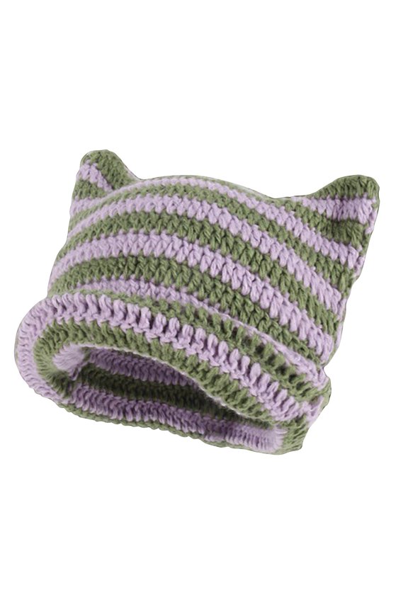 Women's Striped Cat Ear Knit Beanie, Cute Winter Warm Slouchy Hat