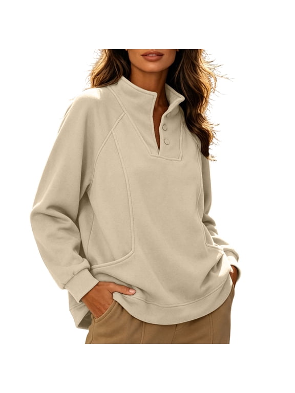 Women's Thermal Fleece Henley Sweatshirt, Snap Button Stand Collar Pullover with Pockets, Slimming Paneled Casual Top, M-4XL