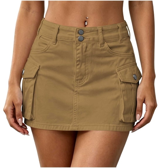 Achuyrbd Womens Cargo Skirt Denim Mini Skirt High Waisted Double Button A Line with Pockets