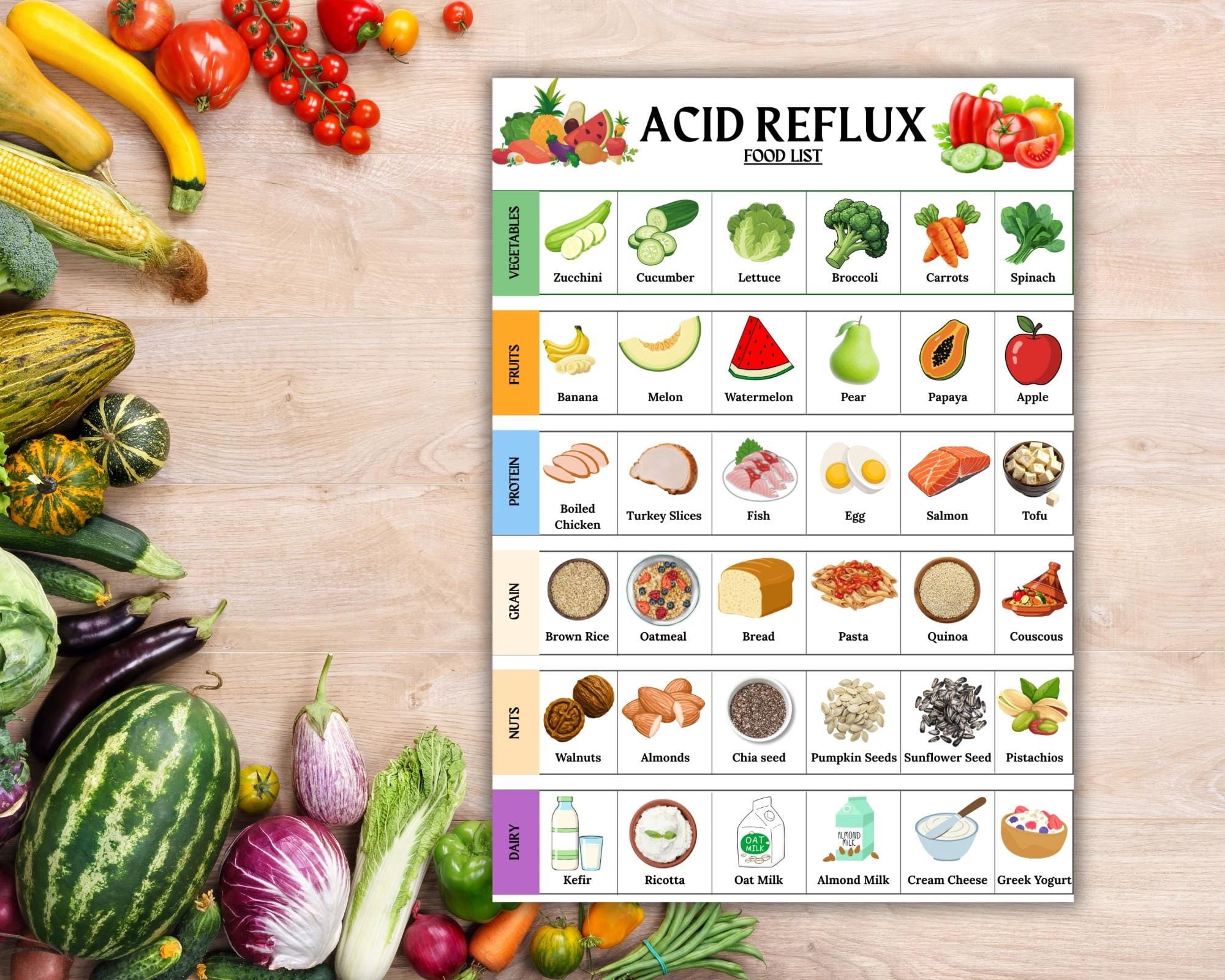 Acid Reflux Food Chart Poster, Low Acid Food List Poster, GERD Grocery ...