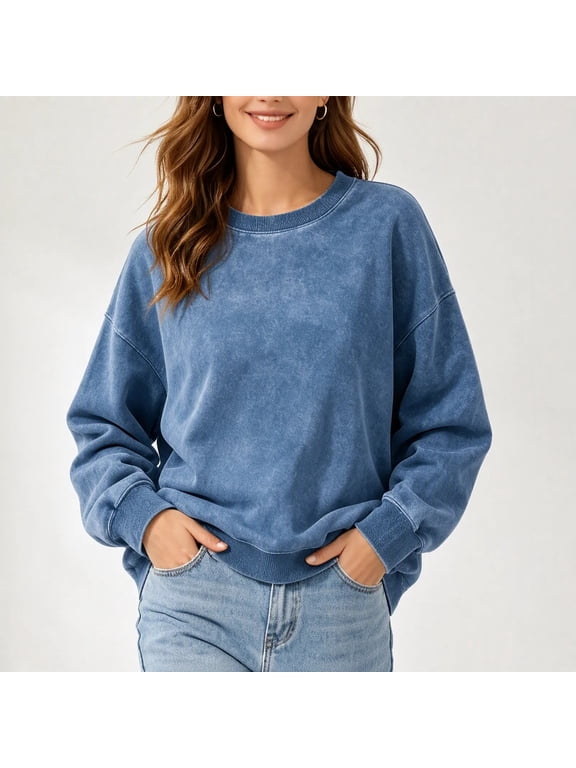 Acid Wash Crewneck Sweatshirts for Women Drop Shoulder Long Sleeve Oversized Pullover Fall Winter Casual Tops