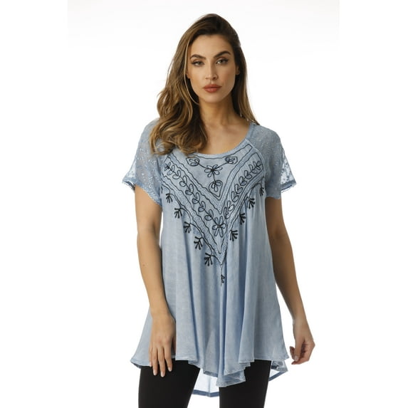 Acid Wash Mesh Sleeve Embroidered Top (Light Denim, Large)