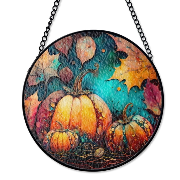 Acid Wash Pumpkin Orange Blue Suncatcher Stained Glass Style UV Printed Glass Unique Fall Decor Round