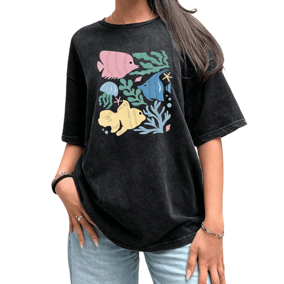 Acid Washed Womens Coastal Sea Creature Short Sleeve Oversized T-Shirts Tops