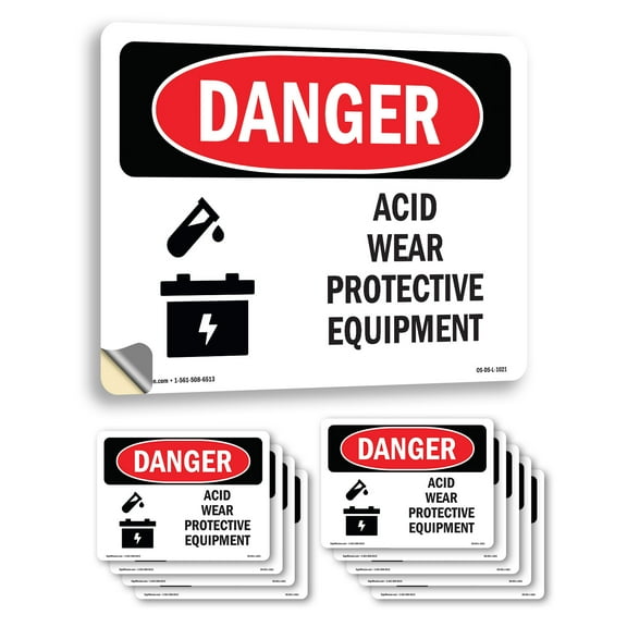 Acid Wear Protective Equipment OSHA Danger Vinyl Decal Label 5 Inch x 3.5 Inch - 10 Pack