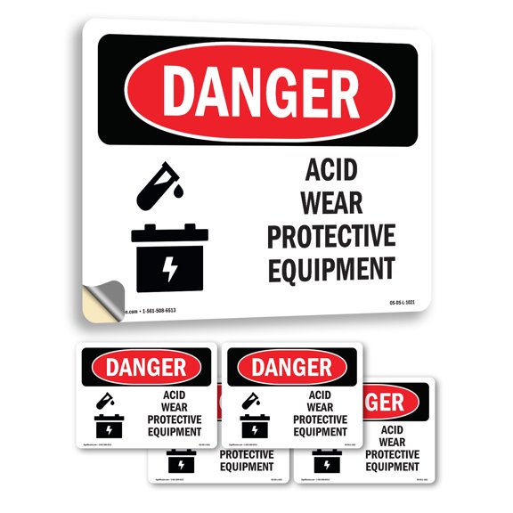 Acid Wear Protective Equipment OSHA Danger Vinyl Decal Label 5 Inch x 3.5 Inch - 5 Pack