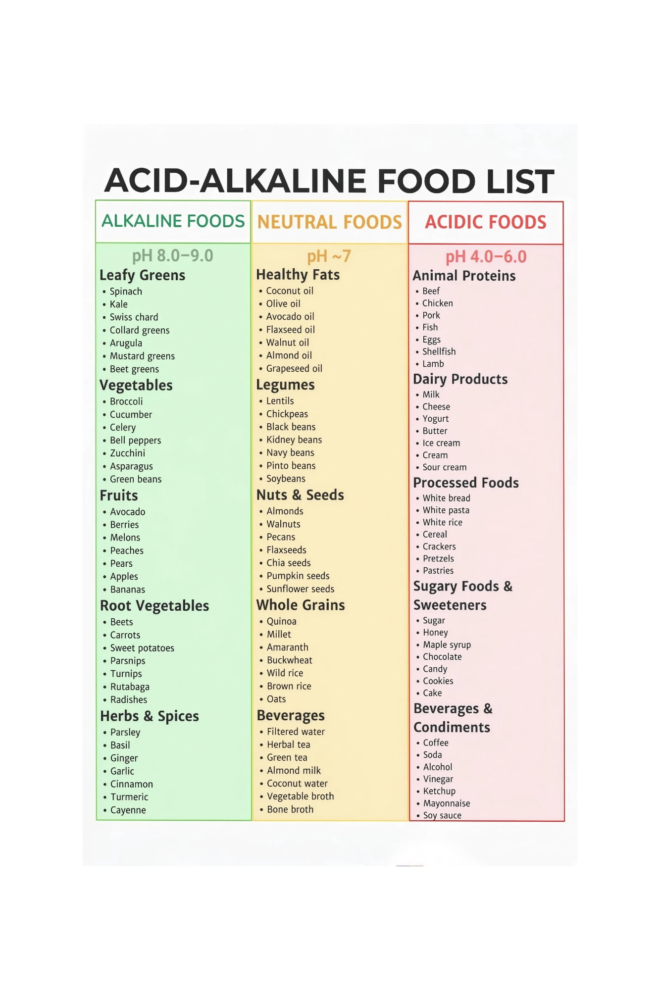 Acidic Alkaline Foods Poster pH Balanced Diet Guide Chart for Alkaline ...
