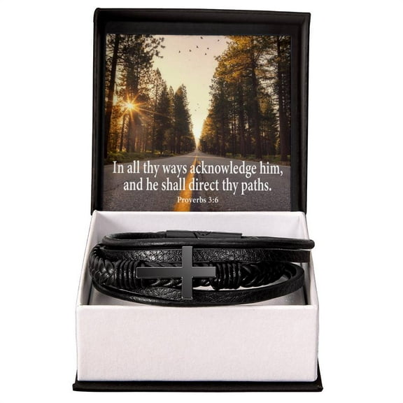 Acknowledge Him Proverbs 3:6 Men's Stainless Steel & Vegan Leather Cross Bracelet - Vegan Leather with Stainless Steel