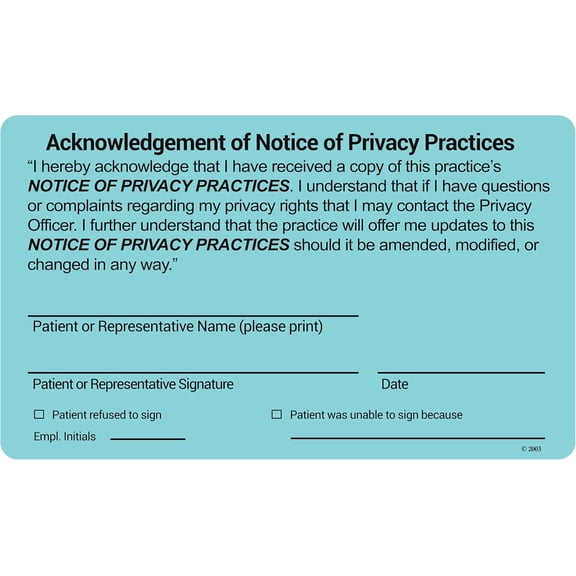 Acknowledgement of Notice of Privacy Practices Labels for HIPAA Compliance, 3" x 5", Green, Permanent Adhesive, 200 Labels/Pack,