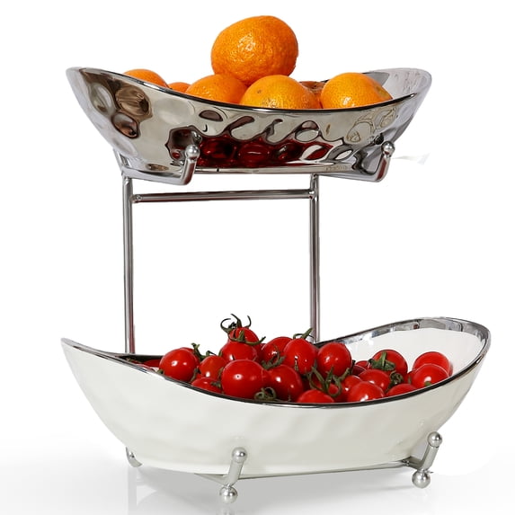 Acliys Fruit Bowl, 2 Tier Ceramic Fruit Basket, Serving Stand Serving Bowl with Metal Rack, Porcelain Kitchen Bowls for Fruit and Vegetable Storage Snack Nuts Dessert Cake Tray for Party Wedding