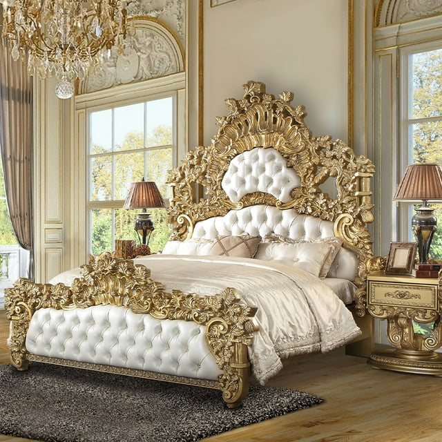 Acme Bernadette EK BED White Synthetic Leather Fabric & Gold Finish ...