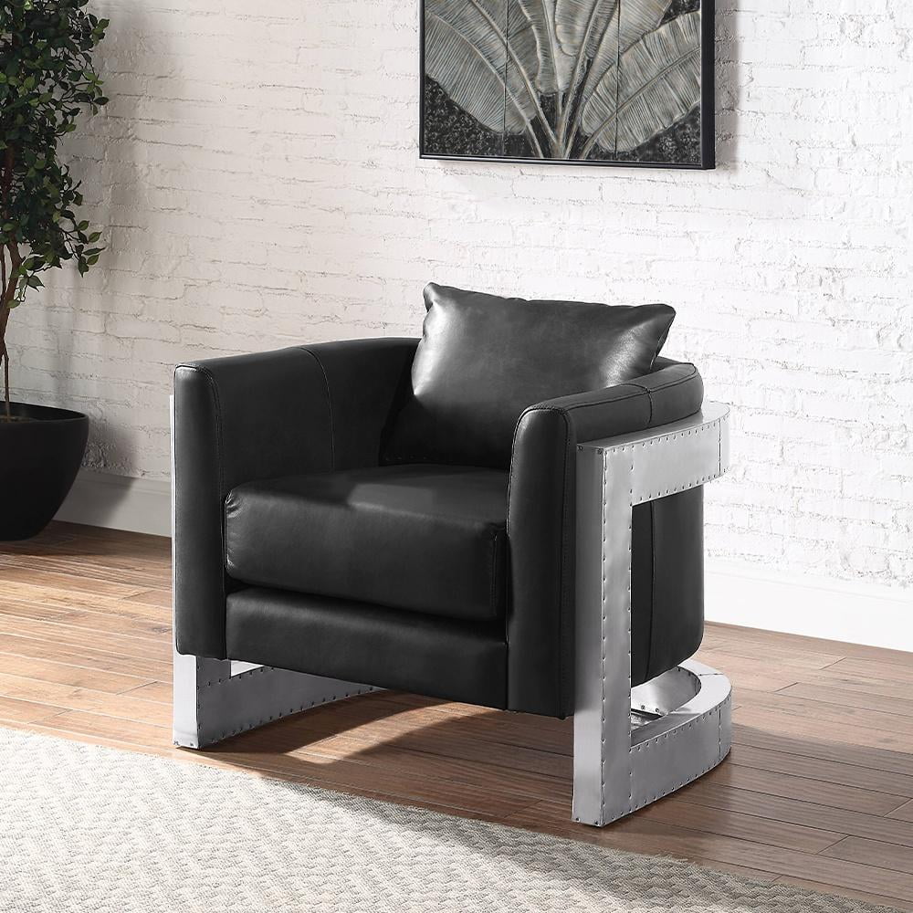 Black Leather Swivel Accent Chair with Manufactured Wood Frame