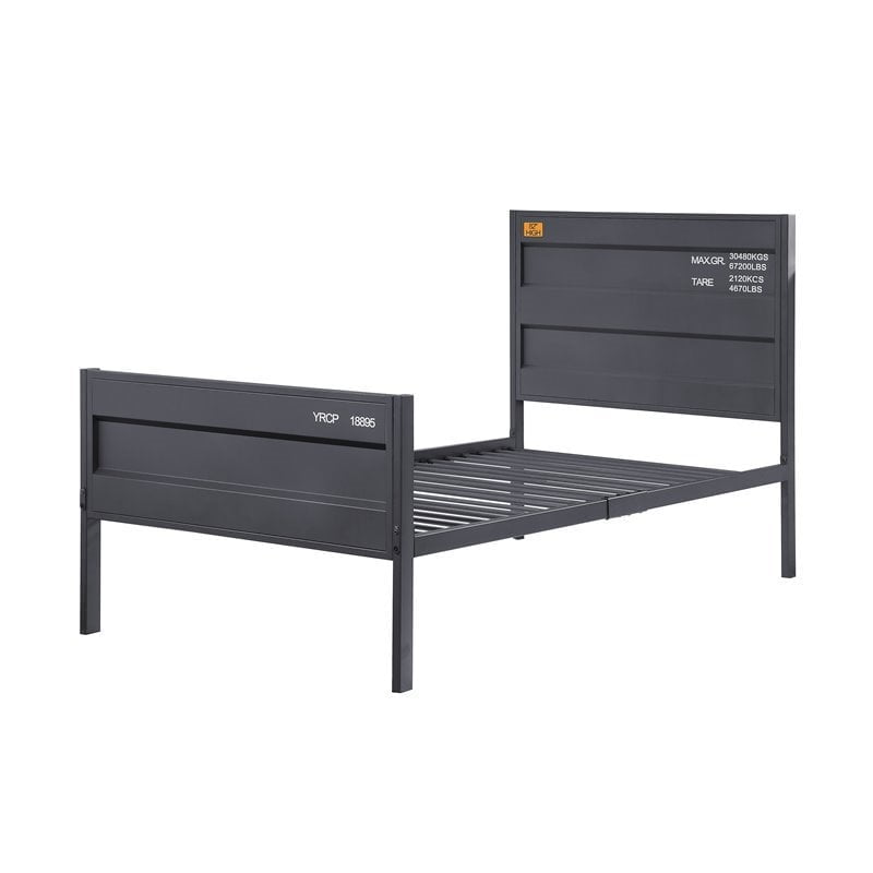 Gunmetal Full Size Metal Bed with Wood Headboard and Drawer
