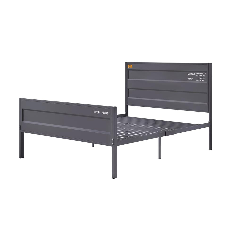 Gunmetal Twin Platform Bed with Wood Headboard and Slats