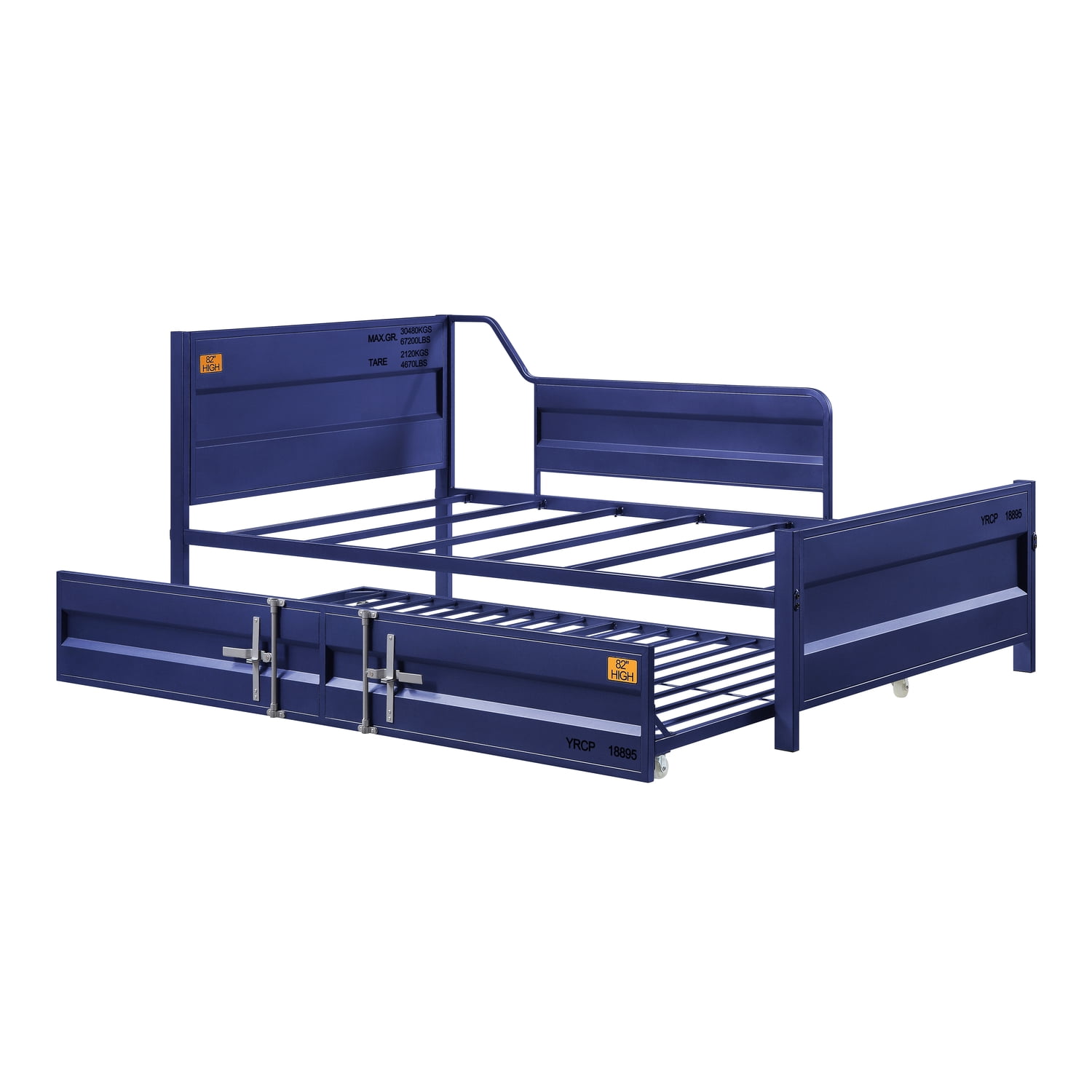 Blue Metal Twin Daybed with Wood Headboard and Trundle