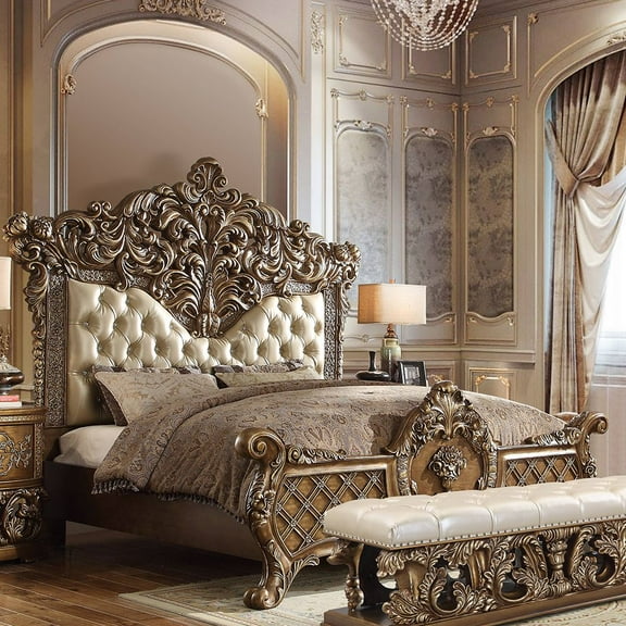 Acme Constantine Eastern King Bed, Synthetic Leather, Light Gold, Brown & Gold Finish, PU, Composite Wood, Resin, Upholstered