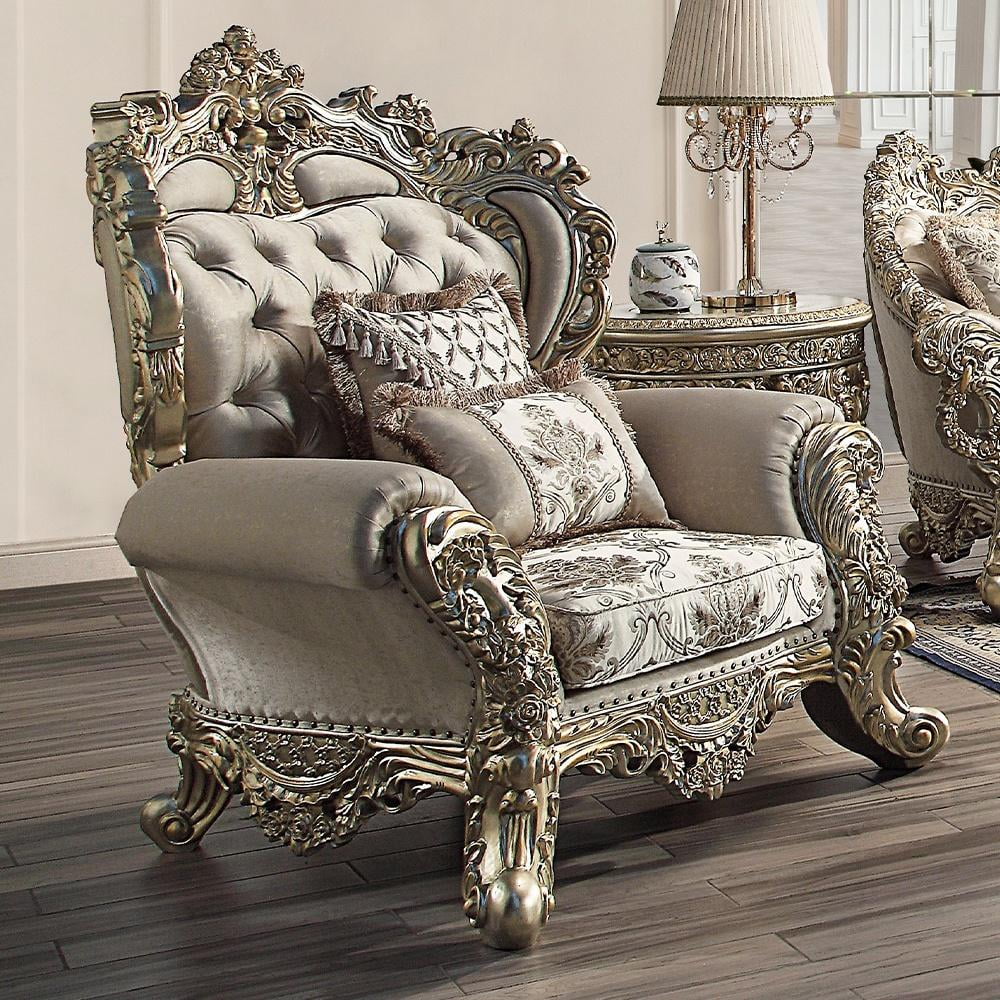 Danae Champagne and Gold Floral Tufted Chair with Pillows