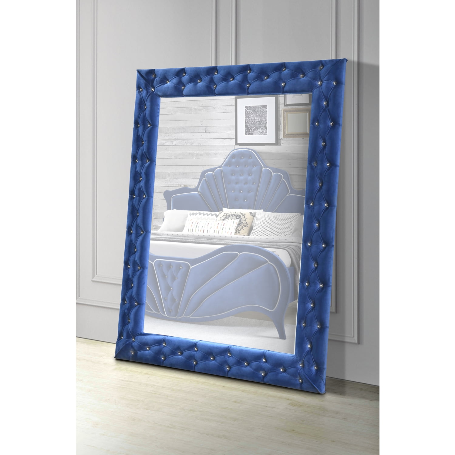 Blue Velvet Rectangular Freestanding Floor Mirror