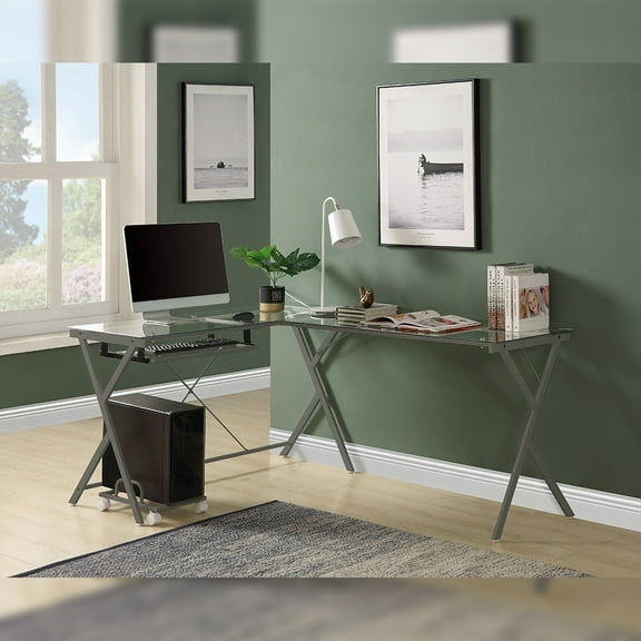 Acme Demas Computer Desk, Clear Glass & Silver Finish