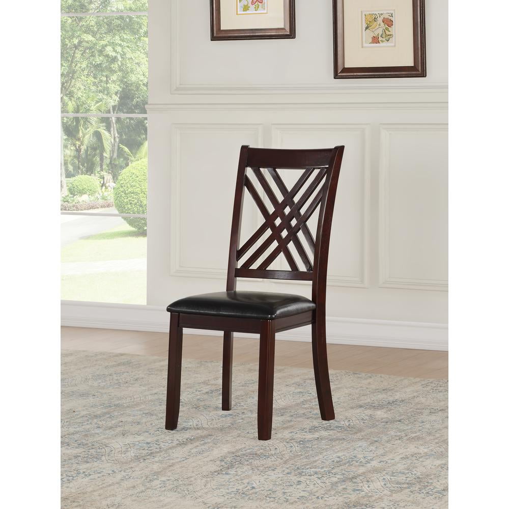 Espresso Rubberwood Cross Back Dining Chair Set with Black Faux Leather