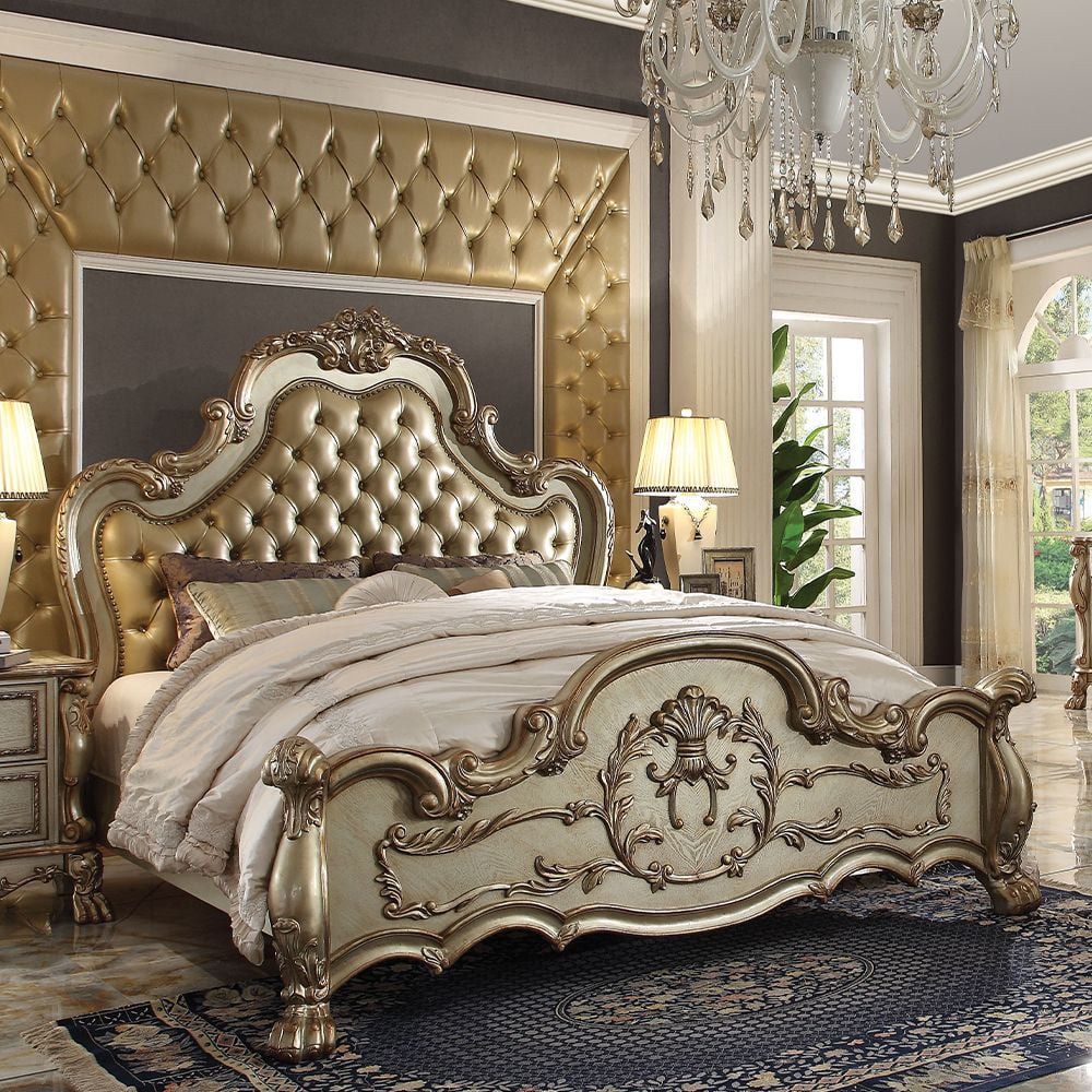 California King Gold Patina Upholstered Wood Bed with Tufted Headboard