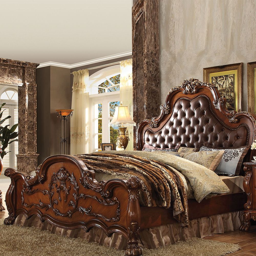Dresden Cherry Oak King Bed with Button Tufted Headboard