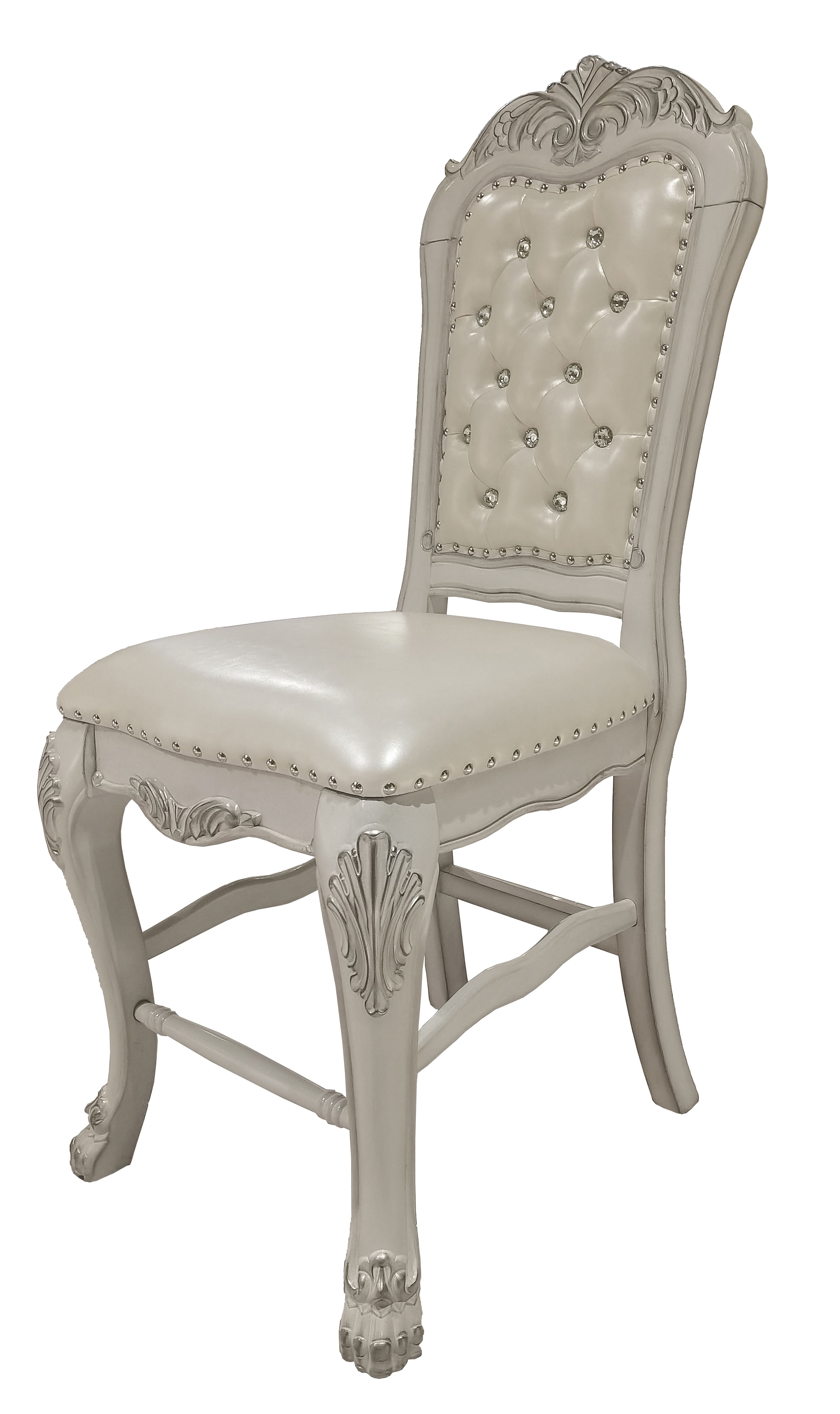 Ivory Faux Leather Upholstered Side Chair with Carved Wood Frame