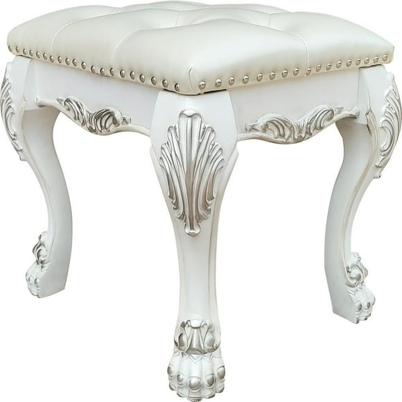 Acme Dresden II Synthetic Leather & Bone White Finish Vanity Stool