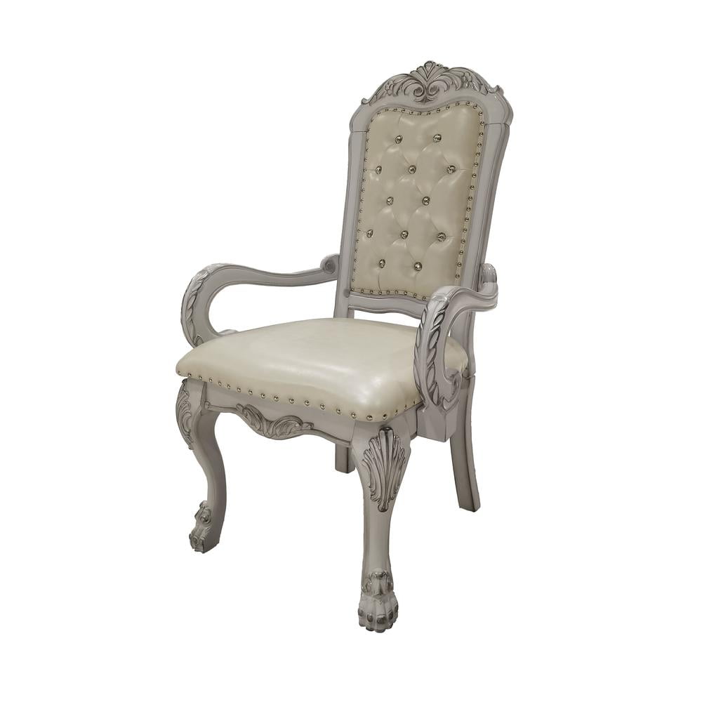 Bone White Faux Leather Tufted Armchair with Wood Frame