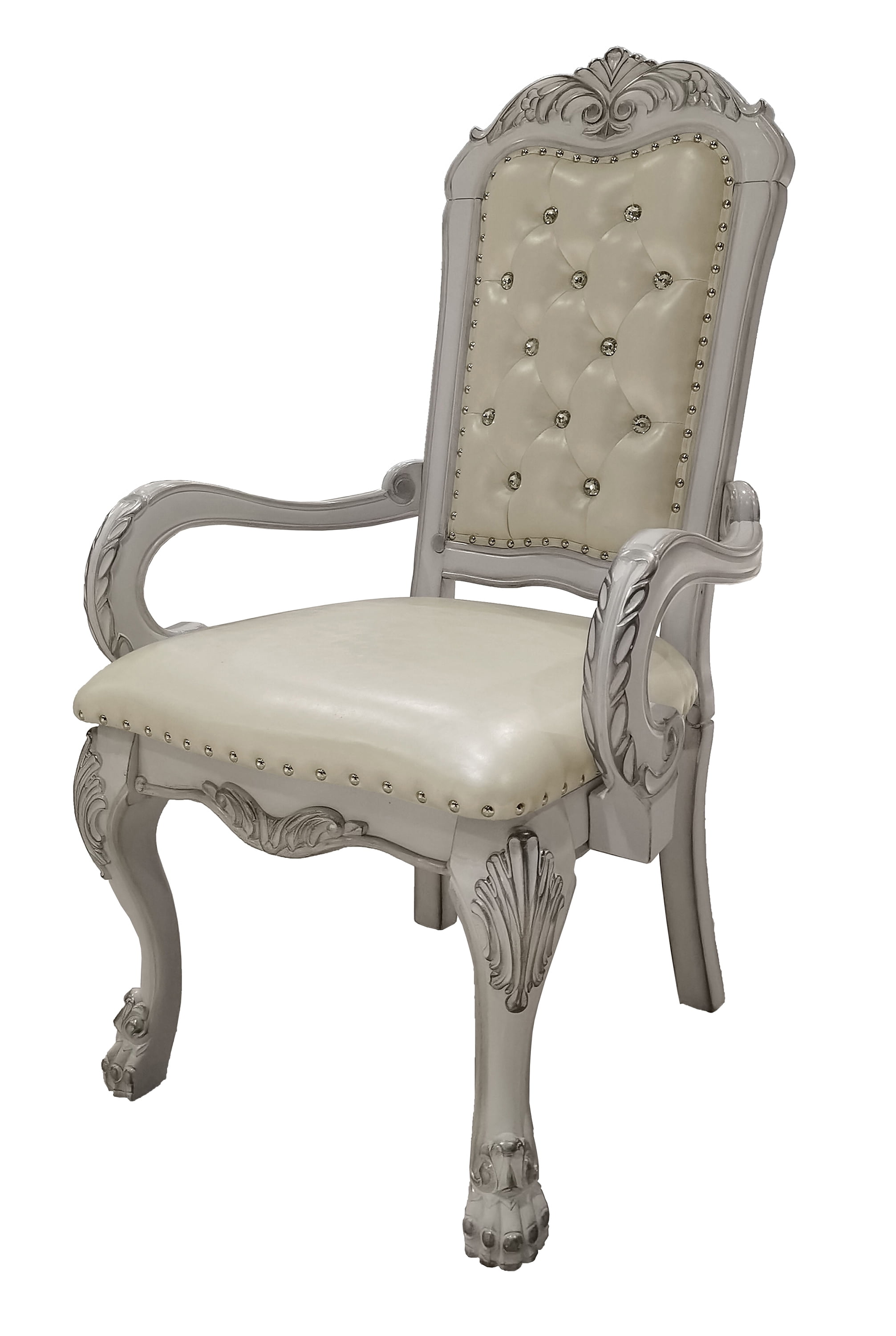 Bone White Faux Leather Tufted Armchair with Wood Frame