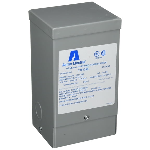 Acme Electric T181058 Buck-Boost Transformer, 1 Phase, 60 Hz, 0.5 kVA, 120V x 240V Primary Volts, 16V/32V Secondary Volts CA3