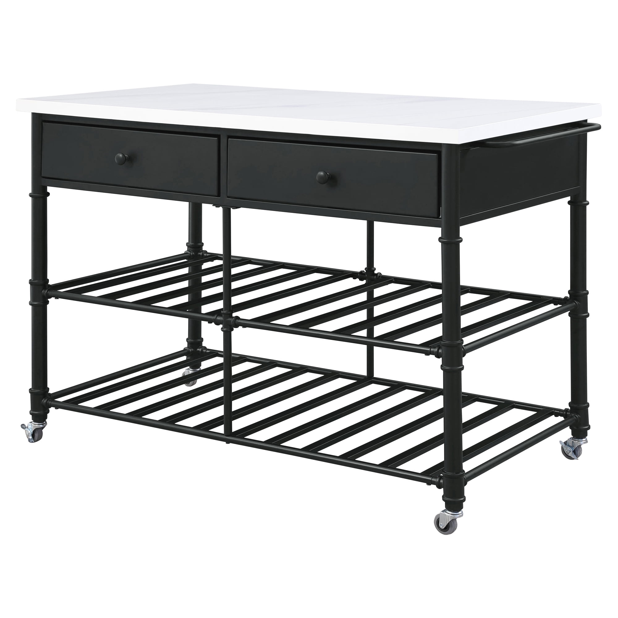 Emery White Cultured Marble and Black Metal Kitchen Island