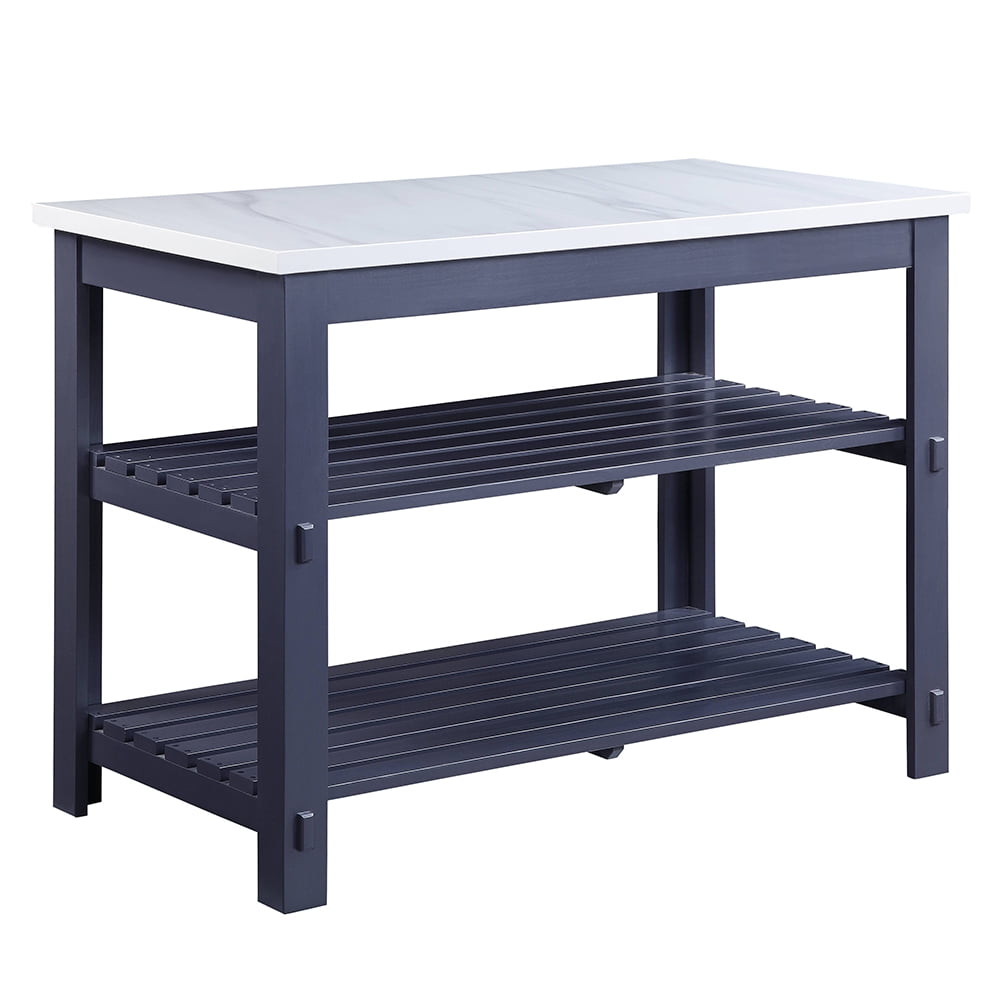 Gray Wooden Kitchen Island with Marble Top and Shelves