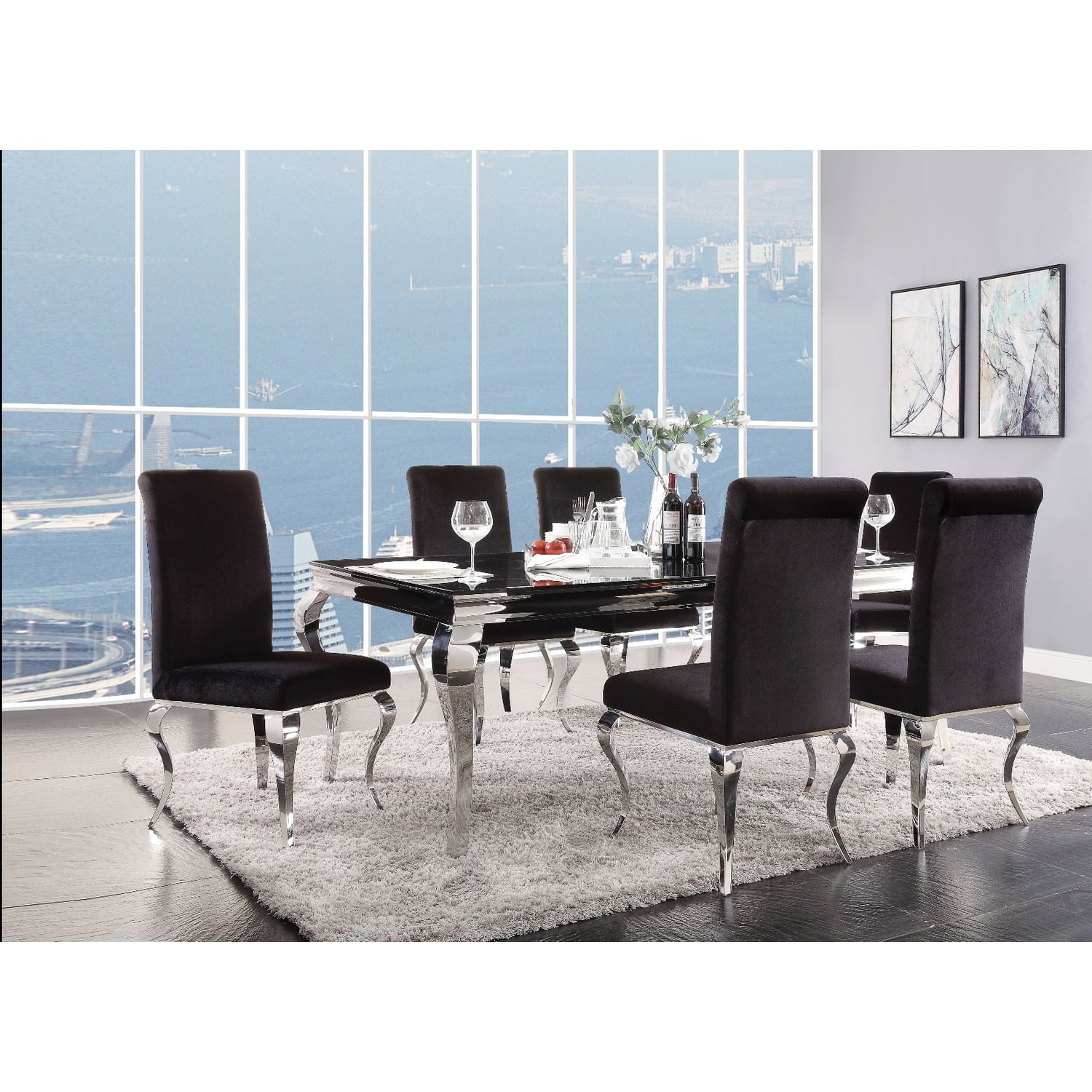 Fabiola Rectangular Black Glass Dining Table with Stainless Steel Legs
